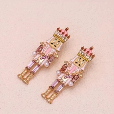 Nutcracker Earrings Metal Fashion Christmas Piercing Women Holiday Pink Pearl Foto 1 de 4
