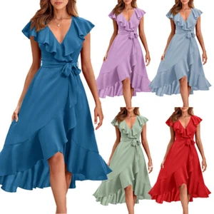 Womens Boho Dress Wrap V Neck Short Sleeve Belted Ruffle A-Line Flowy Maxi Dre о - Picture 1 of 19