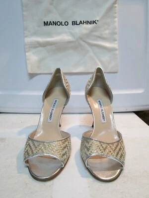 Zapatos de salón Manolo Blahnik de cuero plateado y dorado punta abierta talla 37,5 NUEVO Foto 1 de 4