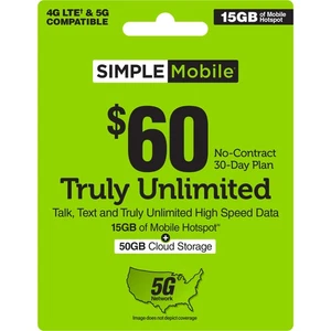 Plan SIMPLE Mobile 60 $ vraiment illimité conversation, texte, données + ILD [livraison physique] - Photo 1 sur 5