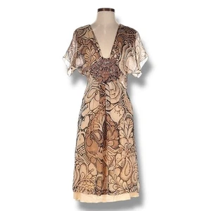 Alberta Ferretti Beaded Brown Print Silk Flutter Sleeve Boho Dress, Size 4 - Picture 1 of 8