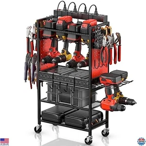 Carrello Organizzatore Utensili Elettrici con Stazione di Ricarica, Portaoggetti a Rotolo su Ruote, Rosso - Foto 1 di 7