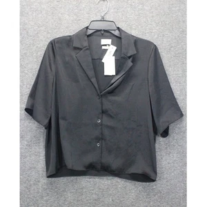 Aritzia Wilfred Beso Satin Button Up Top Kurzarm Schwarz Gr. Small NEU - Bild 1 von 7
