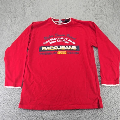 Paco Jeans Shirt Mens XL Red Vintage 90s Spellout Long Sleeve Crew Neck - Image 1 of 4