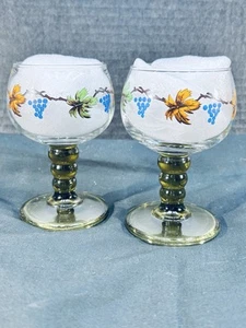 Roemer Olive Green Bubble Stem Glass Wine Color Etch Grapes Leaves Set of 2 - Picture 1 of 5
