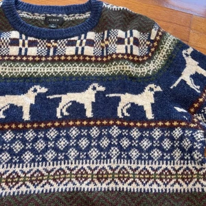 90 J Crew 100% Lambs Wool Fair Isle Intarsia Labrador Dog Holiday Sweater L New - Picture 1 of 10