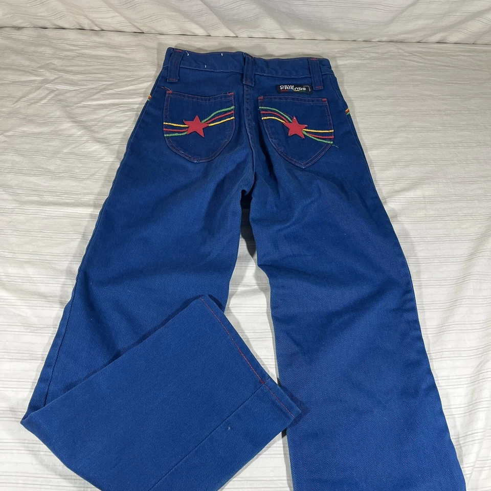 Vintage 60s 70s Kids Blue Denim Pants Rainbow Stitching Sz 10? Slim USA READ M1 - Image 1 of 4