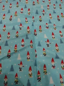 Many Mini gnomes Michael Miller Fabric elves Christmas winter holiday blue tree - Picture 1 of 1