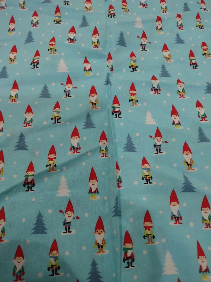 Many Mini gnomes Michael Miller Fabric elves Christmas winter holiday blue tree - Image 1 of 1
