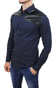 CAMICIA UOMO DIAMOND BLU POIS IN COTONE ELASTICO NUOVA CON INSERTI ECOPELLE  - Imagen 1 de 1