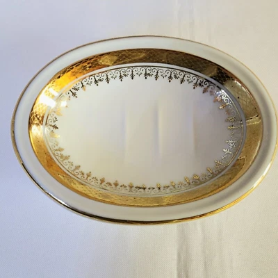 Jabonera vintage Andrea Richard ovalada Regal porcelana vidrio blanco con adornos dorados Foto 1 de 4