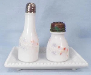 Opalware Salt Pepper Shakers & Tray Toy Condiment Set Glass Eagle Mfg 300 1897 1 - Picture 1 of 9