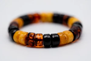 Handmade Amber Bracelet on Elastic Band from Rainbow Colors Genuine Amber Beads - Picture 1 of 10