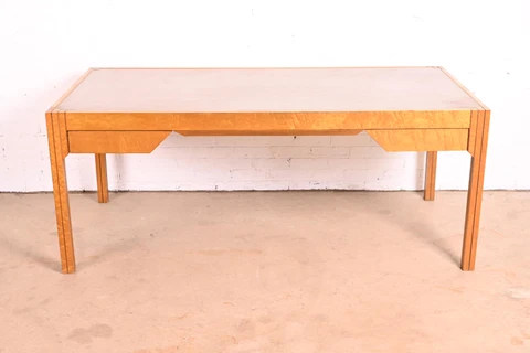 Pierre Paulin for Baker Furniture Art Deco Birdseye Maple Leather Top Desk Cover