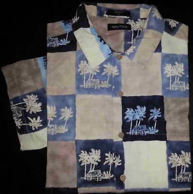 Cutter & Buck Shirt Button-Front Camp L Palm Print Tan Blue Navy Ivory s2996 - Image 1 of 4