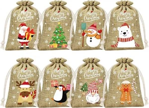 8 Pezzi Tela Natalizia con Coulisse Lino Riutilizzabile Regalo Festa Natale Bomboniere Sacchetti - Foto 1 di 15