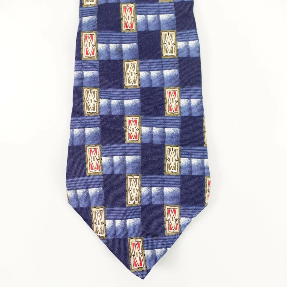 Traje de Vestido Geo Block Corbata Para Hombres Azul Art Deco Oliva Ancho Seda HENRY GRETHEL Italia Foto 1 de 4