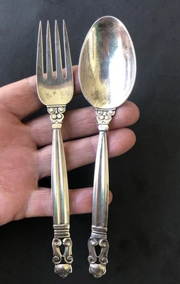 ⚜️ Georg Jensen [Johan Rohde] 丹麦纯银青少年叉勺套装橡子 52.1 克 — 第 1/4 张图片