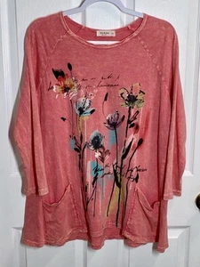 Jess & Jane Mineral Washed Pink Tunic Top Art To Wear Womens Medium Flowers - Picture 1 of 8