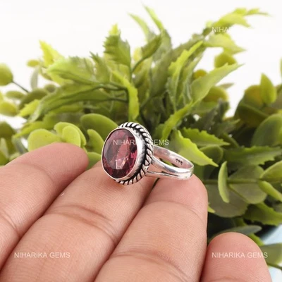 Novo anel solitário art déco prata esterlina pedra preciosa rodolita oval Black Friday - Imagem 1 de 4