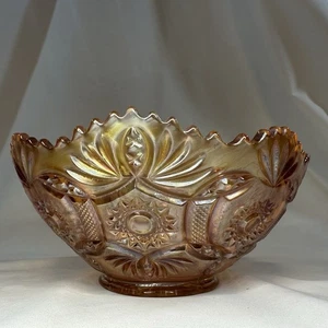 Antique Imperial Carnival Glass Bowl 8in Marigold Blaze Pattern Serving Bowl HTF - Picture 1 of 12