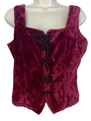 Vintage 1990s MORBID THREADS burgundy crushed velvet vest M black corset tie top - Image 1 of 4