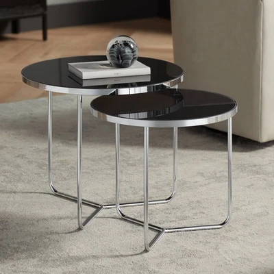 Collins Chrome and Black Glass Nesting Table Set of 2 - Image 1 of 4