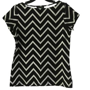 Lauren Ralph Lauren Black White Chevron Print Short Sleeve Top Blouse L Stretch - Picture 1 of 12