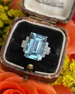 6.30Ct Emerald Cut Natural Aquamarine Diamond Engagement Ring 14K White Gold 7 - Picture 1 of 6