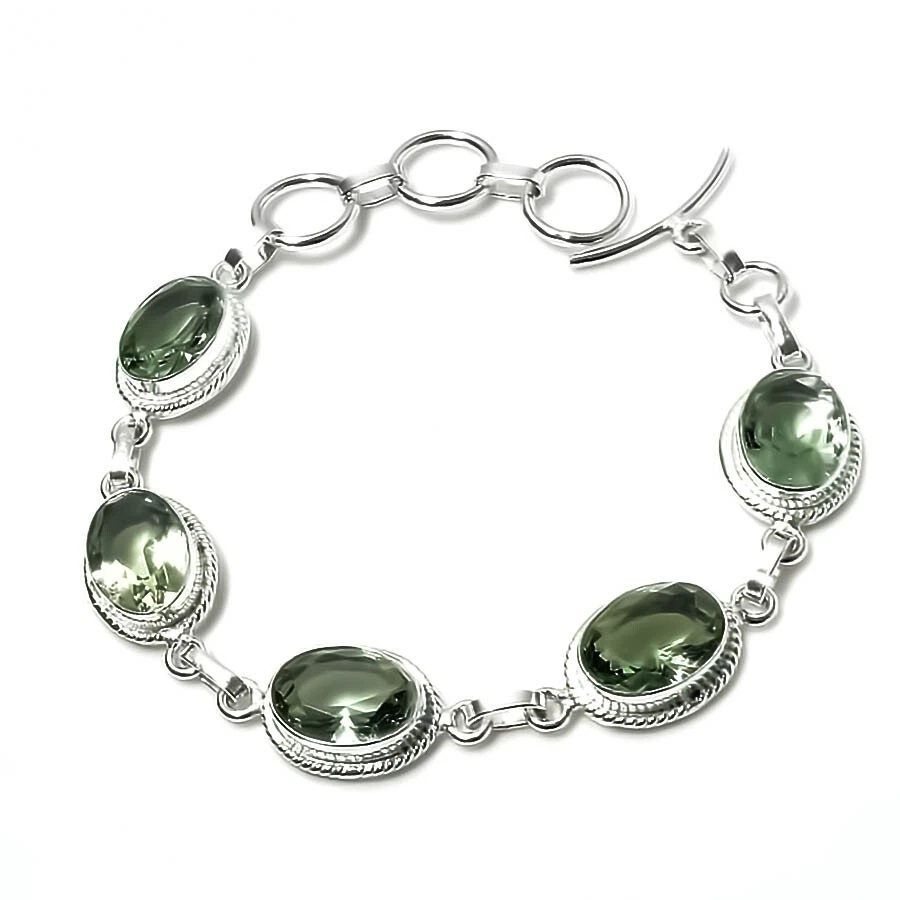 Brazalete de joyería de plata de ley 925 hecho a mano con piedras preciosas de amatista verde tamaño 7-8" Foto 1 de 1