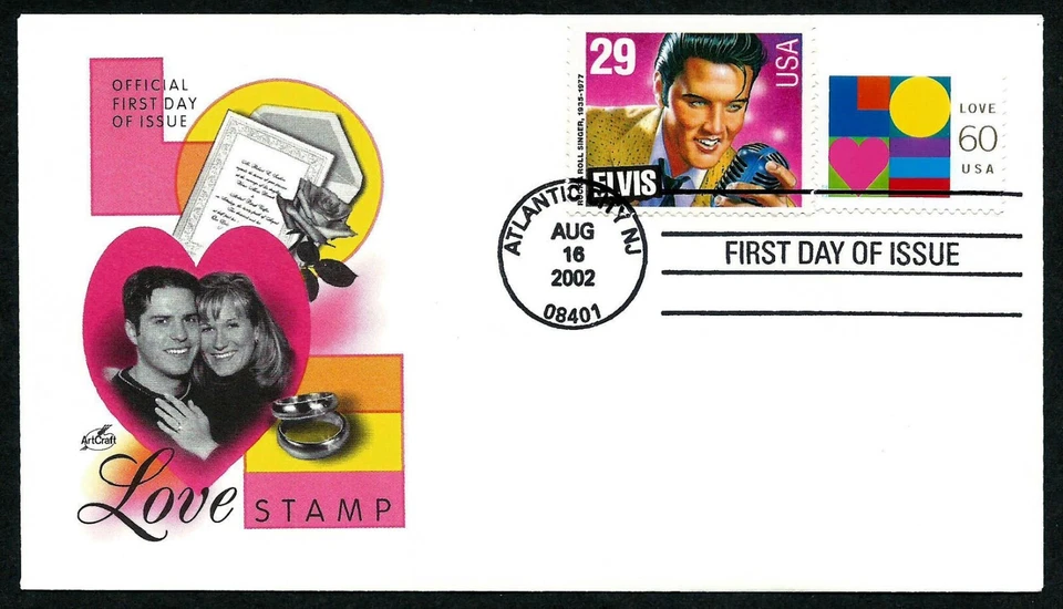 USA, SCOTT # 3658 & 2721, COMBO ARTCRAFT FDC COVER OF LOVE & ELVIS PRESLEY 2002 - Image 1 of 1