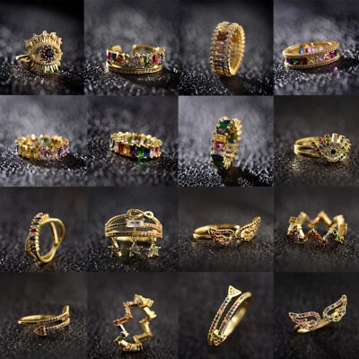 Elegant Women 18K Gold Filled Colorful Rainbow Stack Wave Gemstone Ring Jewelry - Image 1 of 4