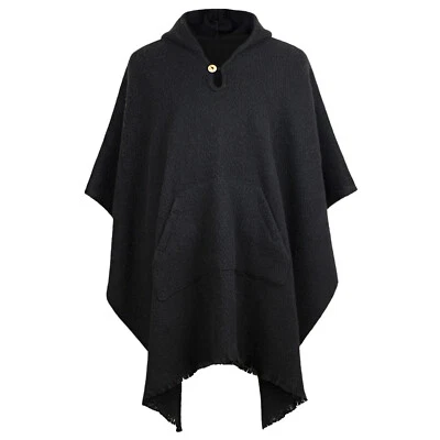 LLAMA WOOL BLACK MENS UNISEX LADY JEDI CAPE PONCHO JACKET WITH POCKET OTAVALO - Image 1 of 4