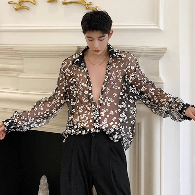 Mens Sheer Mesh Shirt Top Long Sleeve Floral Top Casual Loose Club Party Fashion