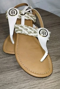 Tommy Hilfiger Thong Sandals Mini Wedge Women's Size 7.5M White & Gold - Picture 1 of 5