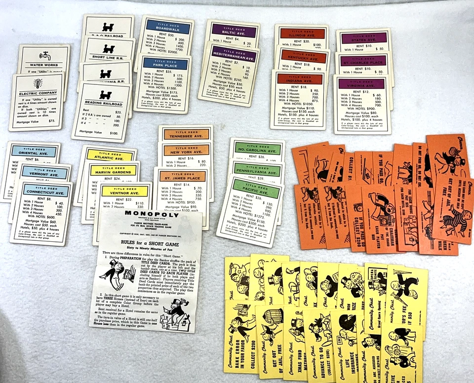 Lote de cartas y reglas de cofre comunitario de oportunidad de propiedad de juego Monopoly 1961 de colección EE. UU. Foto 1 de 4