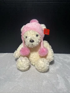 Aurora cremefarbener Bär Plüschmütze rosa Glitzer Bommelmütze sitzend 11 Zoll Spielzeug Haustier verliebt - Bild 1 von 6
