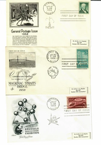 1958 FDC, Lot of 3 - Good condition, addressed, #1048,  #1104, #1109 Cover