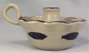 Williamsburg Pottery Candlestick Candle Holder Stoneware Cobalt Blue Leaves - Bild 1 von 4
