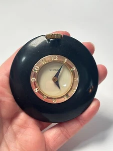 WORKS VTG 1930's WESTCLOX Art Deco Black Bakelite Pocket Watch Style Purse Clock - Picture 1 of 9
