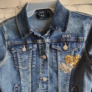 DKNY Girls Sequin Denim Logo Bling Jacket Stretch Snap Closure Size 14-16 - Picture 1 of 8
