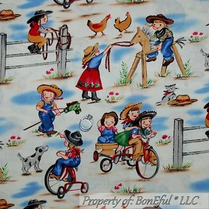 BonEful Fabric FQ Cotton Quilt American Cowgirl Rope Horse Cat Dog Farm Chicken - Picture 1 of 6