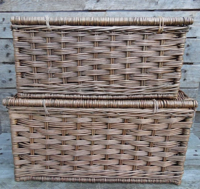 Set of 2 Vintage Woven Wicker Storage Baskets w/ Lids Basket Stack Display Prop - Image 1 of 4