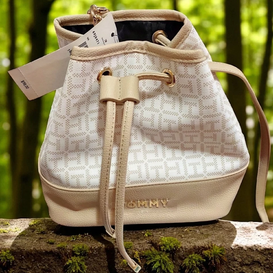Tommy Hilfiger Bucket Bag Logo TH Monogram Ivory Beige Drawstring Closure NWT - Image 1 of 4