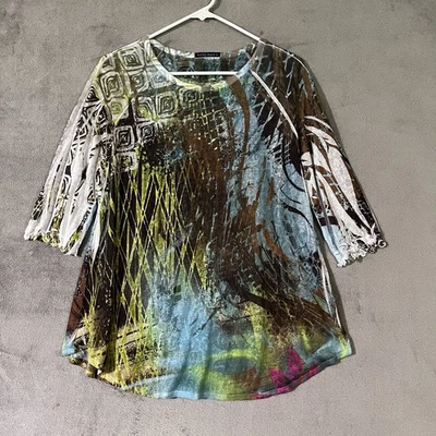 Katina Marie 女式 M 可穿戴现代艺术束腰衬衫 Y2K 半透明 — 第 1/4 张图片