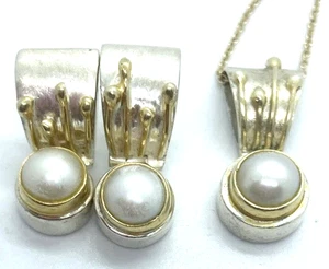 Pendientes collar modernista de plata de ley/perla 925 y cadena llena de oro de 12K - Imagen 1 de 13