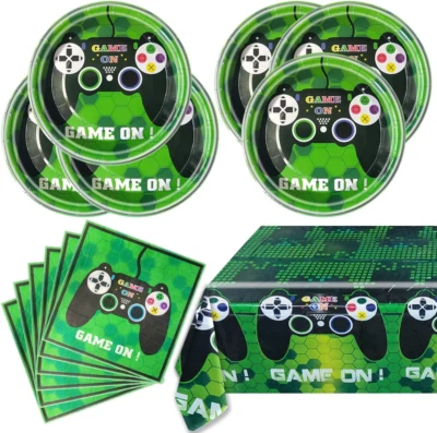 Juego de suministros de vajilla de fiesta para videojuegos que incluye platos de 20 piezas, mesa de 42 "x 71" Foto 1 de 4