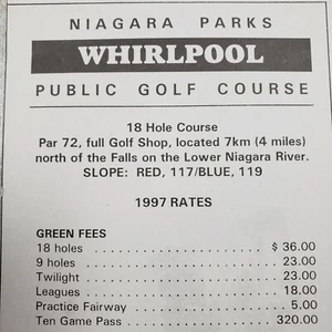 Whirlpool Golf Course Niagara Parks Diner on the Green Fee Schedule 1997 - Picture 1 of 3