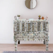 Eclectic Vintage Hope Chest, Indian Tribal Mirrors Banjara Damchiya, Hall Table