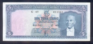 Turkey 5 Lira L.1930 (1961) Prefix "G" P173 aXF - Picture 1 of 2